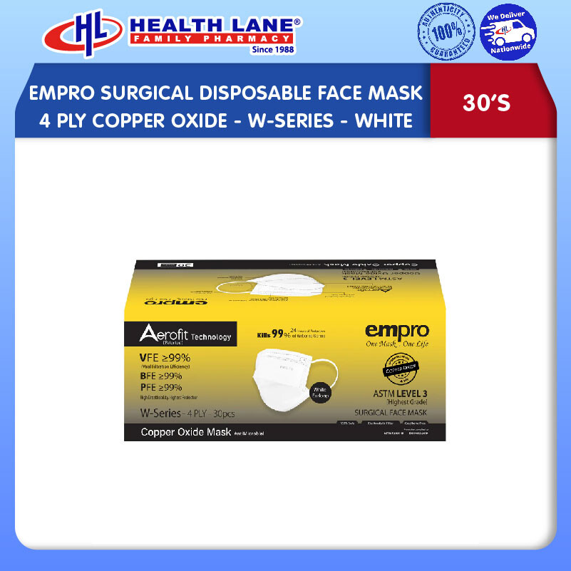 EMPRO SURGICAL  MASK MUKA 4 PLY COPPER OXIDE 30'S- W-SERIES- WHITE